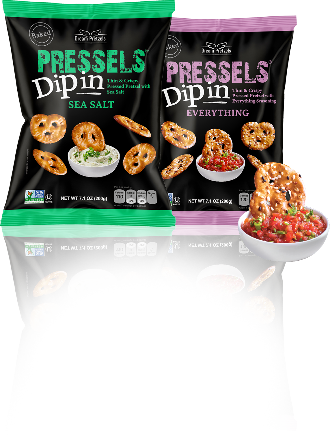 2 packs of dip in pretzels: sea salt and everything flavours