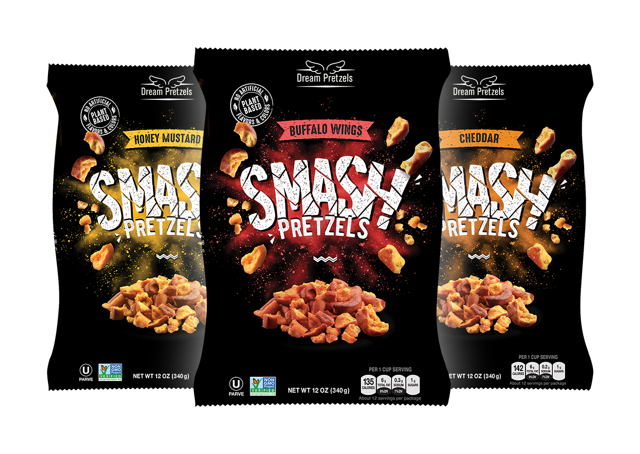3 packs of smash pretzels in different flavours: honey mustard, buffalo wings, cheddar